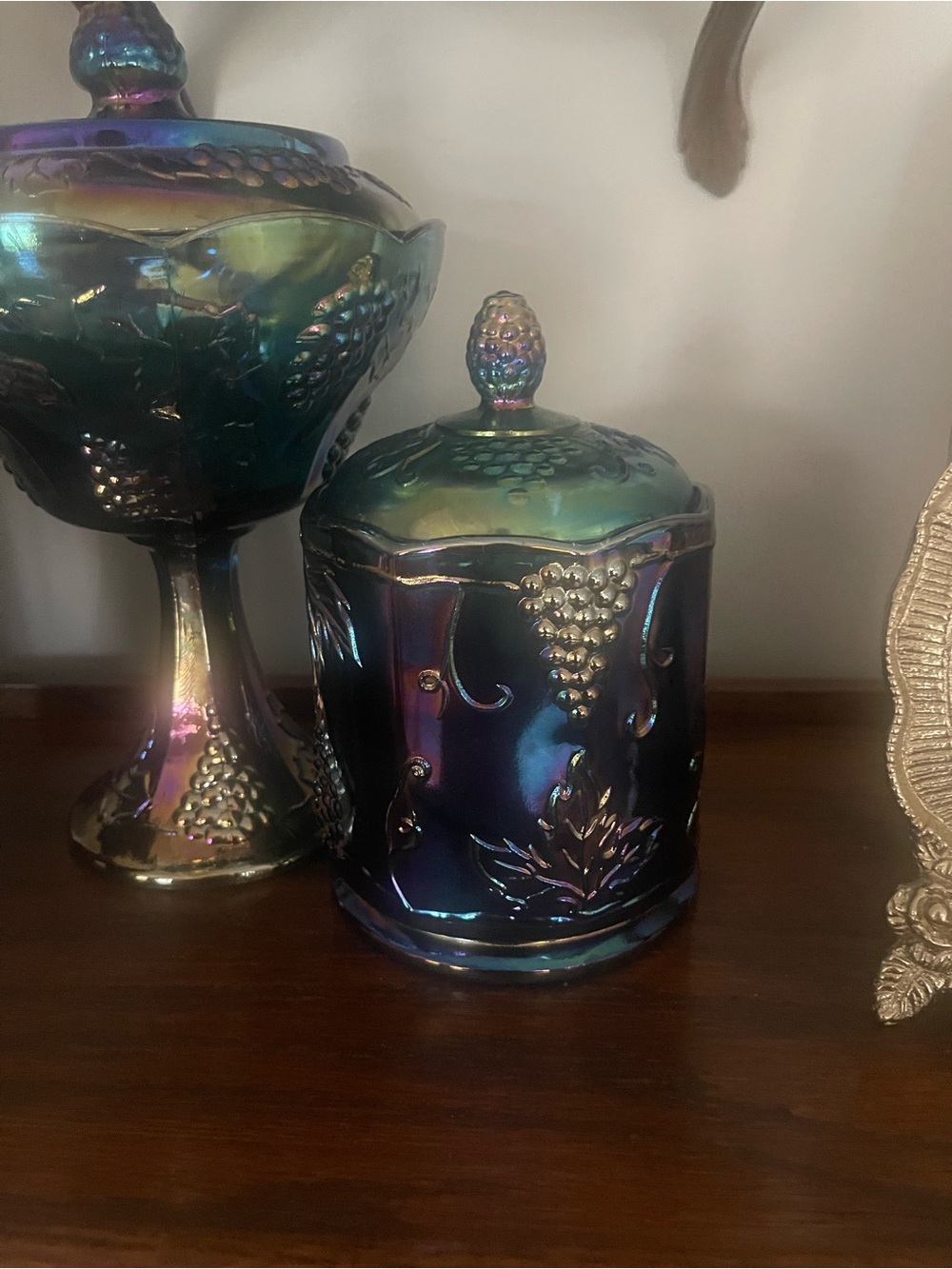 VTG Indiana Blue Carnival Glass Iridescent Harvest Grape Canister Biscuit Jar - Picture 5 of 10